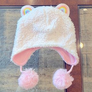 Baby 18-24 M fuzzy hat with Pom-Poms & Rainbow ears.